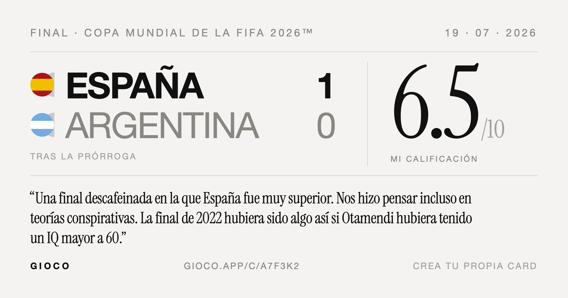 Card de Gioco: España 1–0 Argentina, calificada 6.5 sobre 10